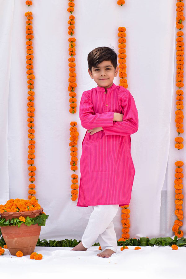 Kantha Weaved Pink and White Cotton Kurta Set
