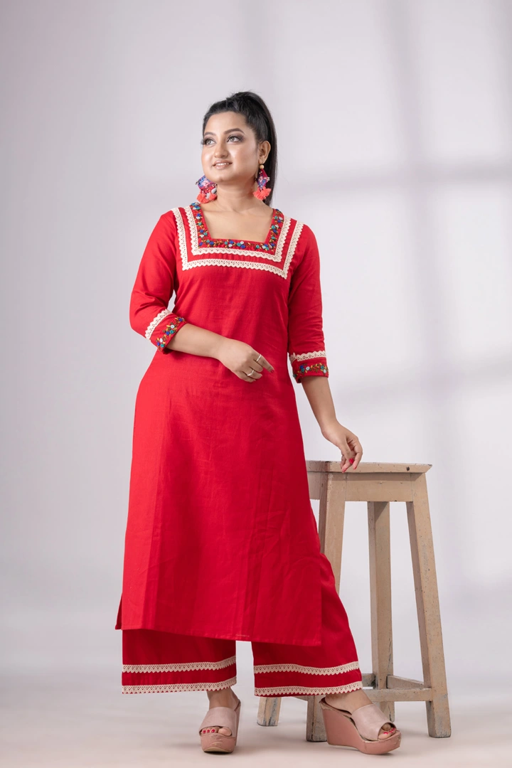 Parsee Embroidery Red Khadi Kurta Set