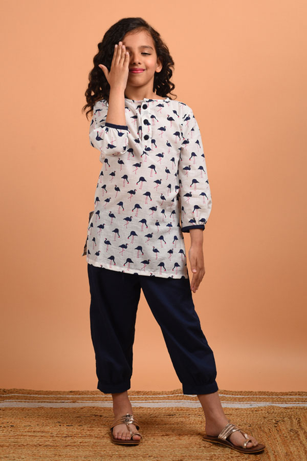 Block Printed White and Navy Blue Cotton Suit Set
