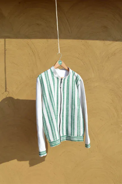 White and Green Handloom Cotton Bomber Jacket