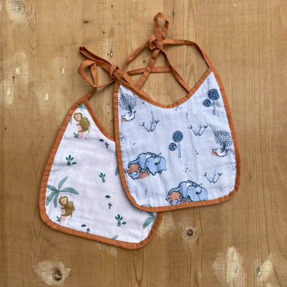 Printed White and Blue Muslin Bibs
