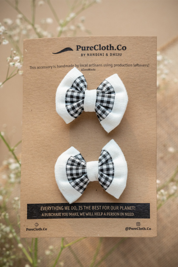 Off White Checkered Cotton Bow Hair Clips Combo