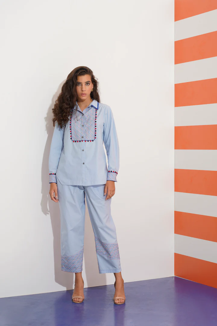 Embroidery Blue Cotton Coord Set