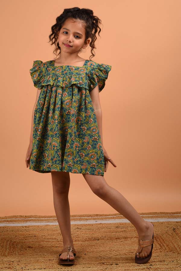 Block Printed Green Cotton Dress