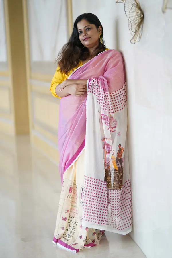 Block Printed Pink and White Cotton Saree
