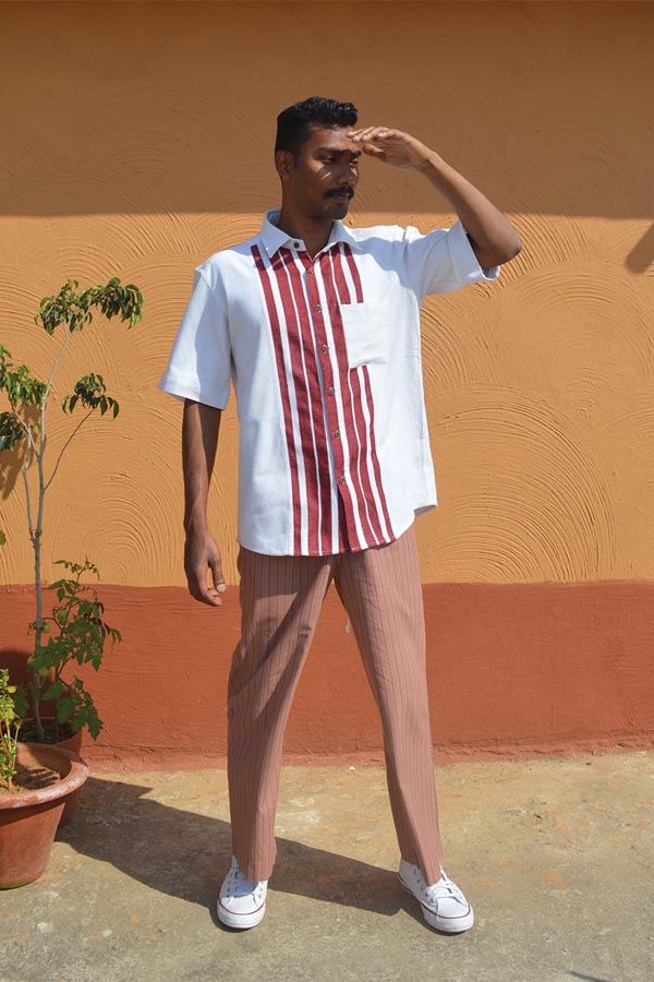White and Maroon Handloom Cotton Shirt