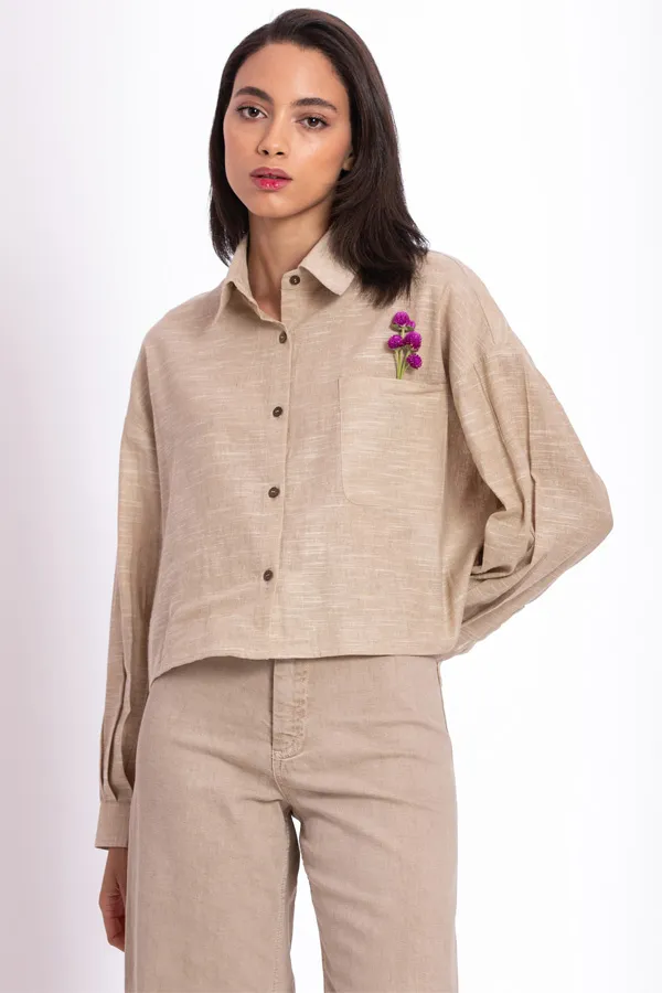 Beige Cotton Linen Crop Shirt