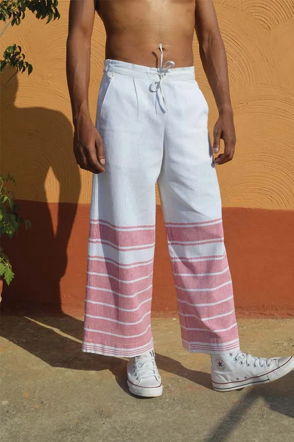 White and Coral Handloom Cotton Straight Pant