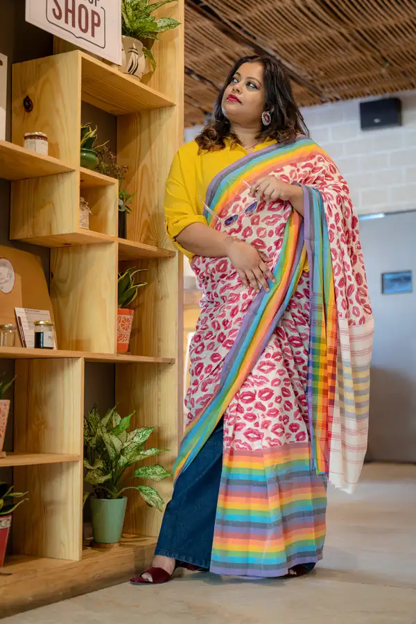 Block Printed Pink Cotton Saree