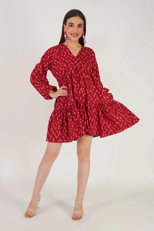 Printed Maroon Cotton Dress