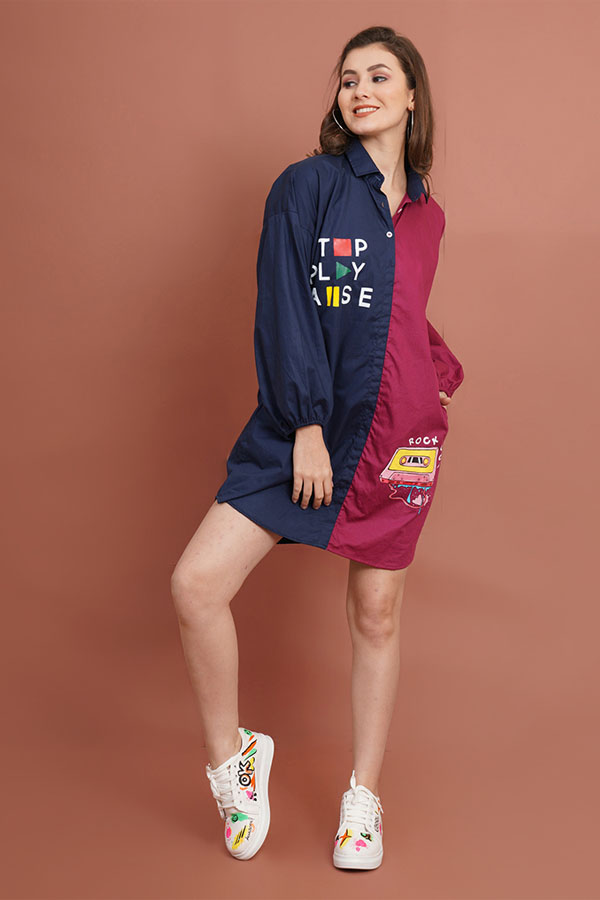 Printed Blue and Pink Poplin Shirt Dress