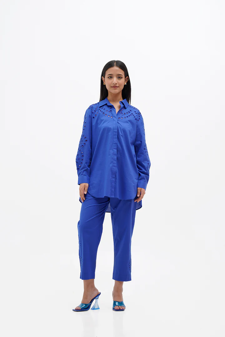 Embroidery Blue Cotton Coord Set