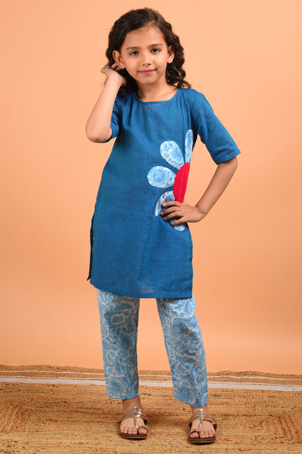 Flower Applique Teal and Blue Cotton Suit Set