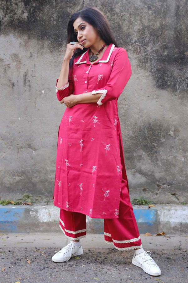 Embroidery Red Khadi Kurta Set