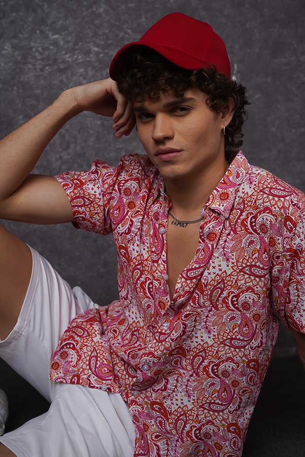 Printed Red and White Viscose Shirt