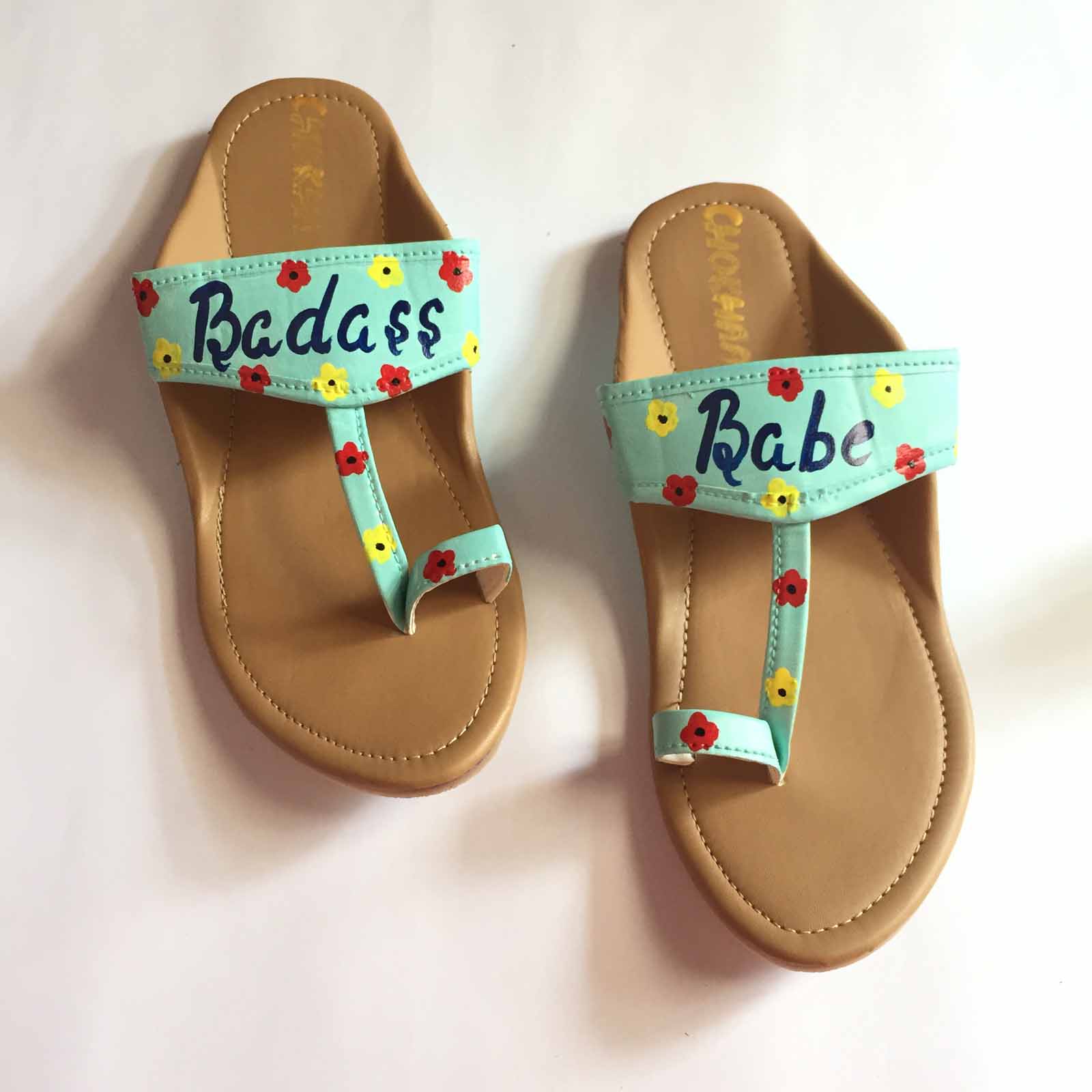 Badass Babe Floral Painted Blue Faux Leather Kohlapuri