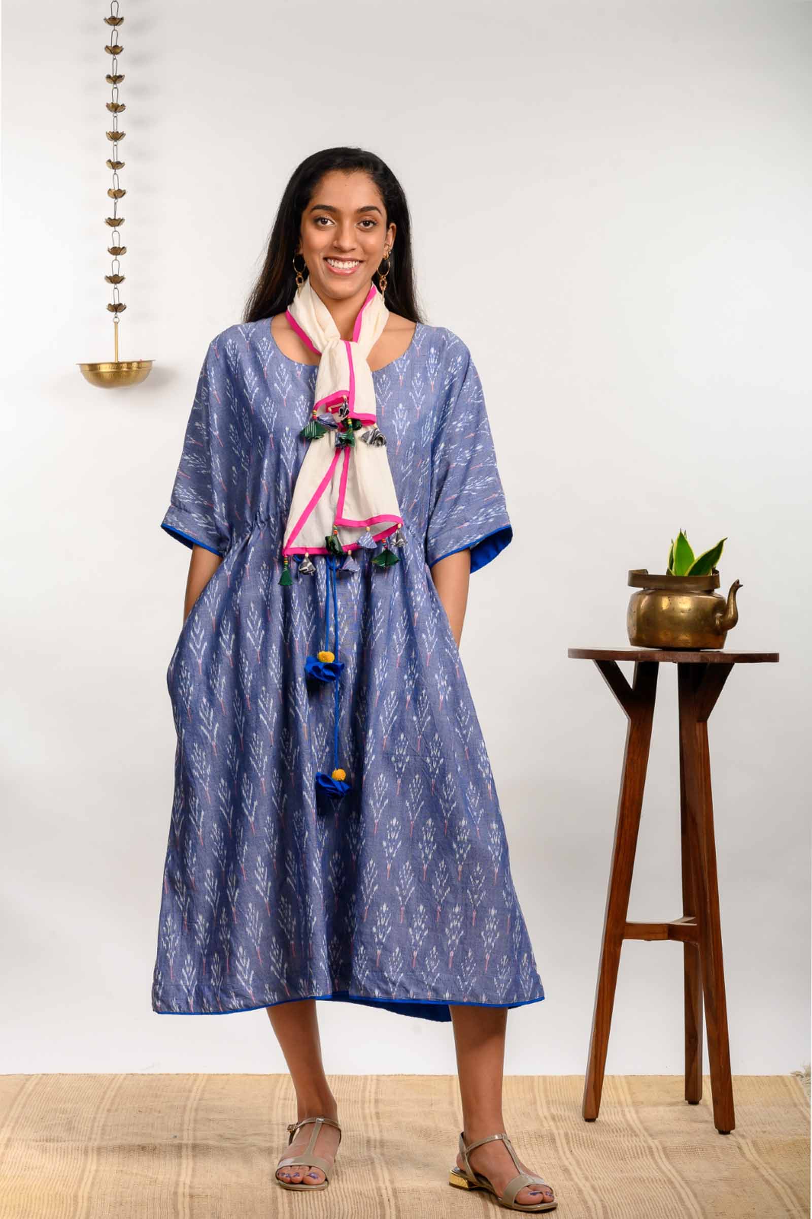 Ikat Printed Blue Cotton Kaftan Dress