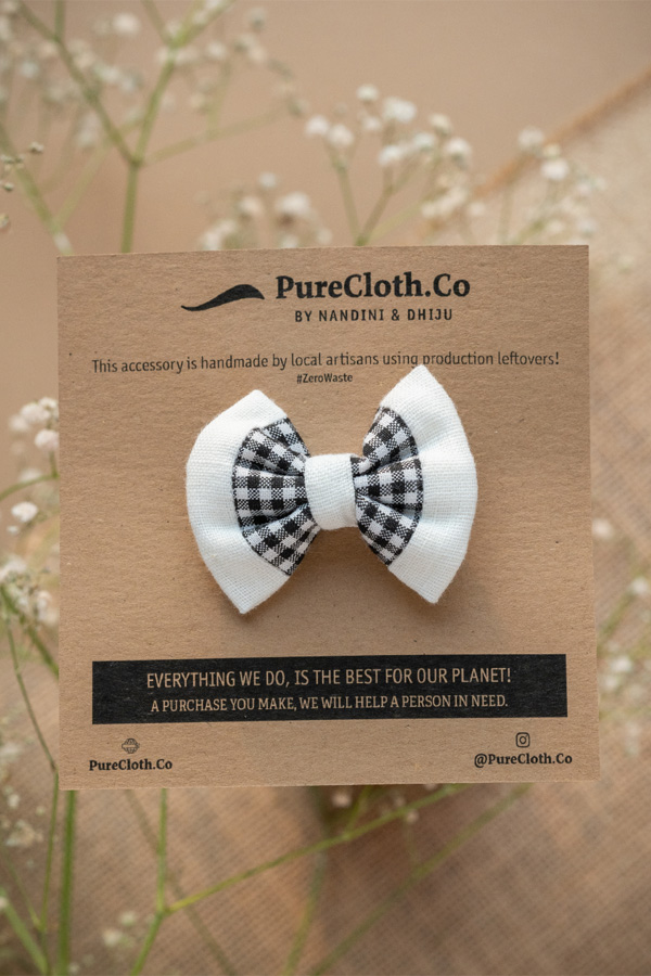 Off White Checkered Cotton Bow Hair Clip