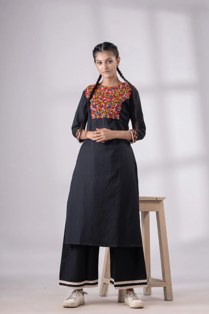 Parsee Embroidery Black Khadi Kurta Set