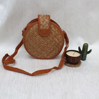 Natural Brown Jute & Shital Pati Sling Bag
