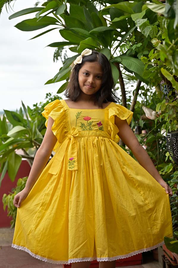 Kashida Embroidery Yellow Cotton Dress
