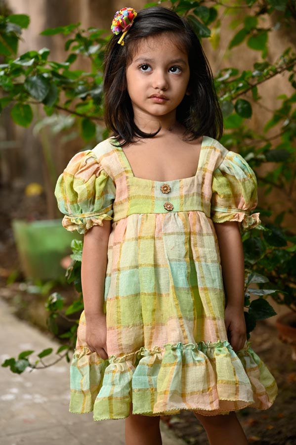 Mint Green Linen Checked Dress