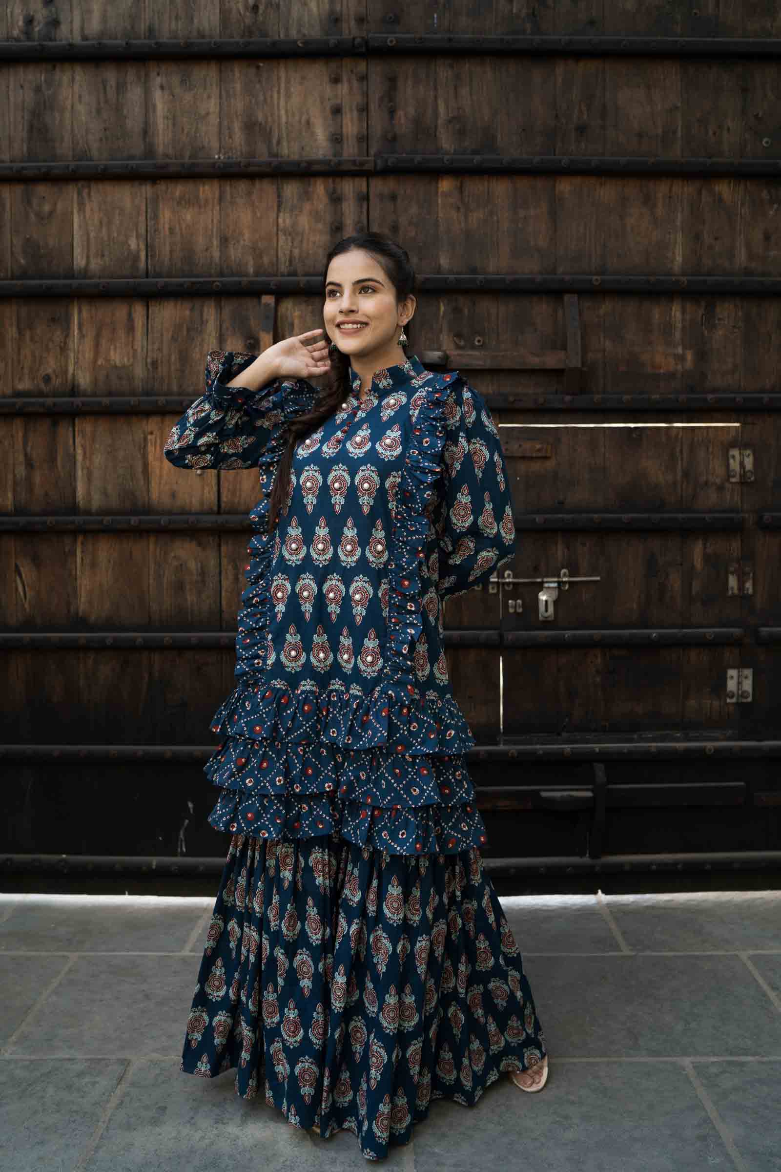 Block Printed Dark Blue Cotton Sharara Set