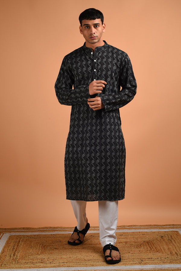 Kantha Weaved Black Cotton Kurta 