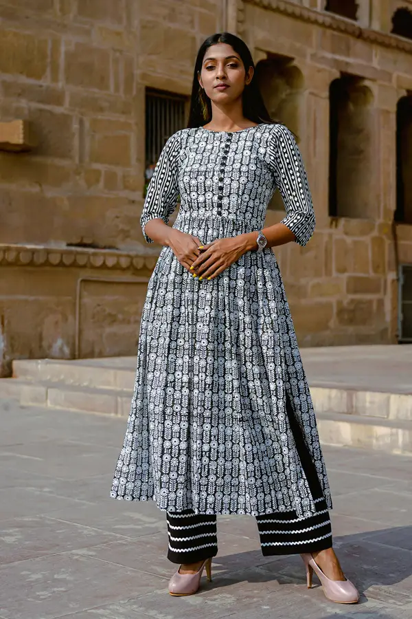 Hand Block Printed Black and White Cotton Kurta Set