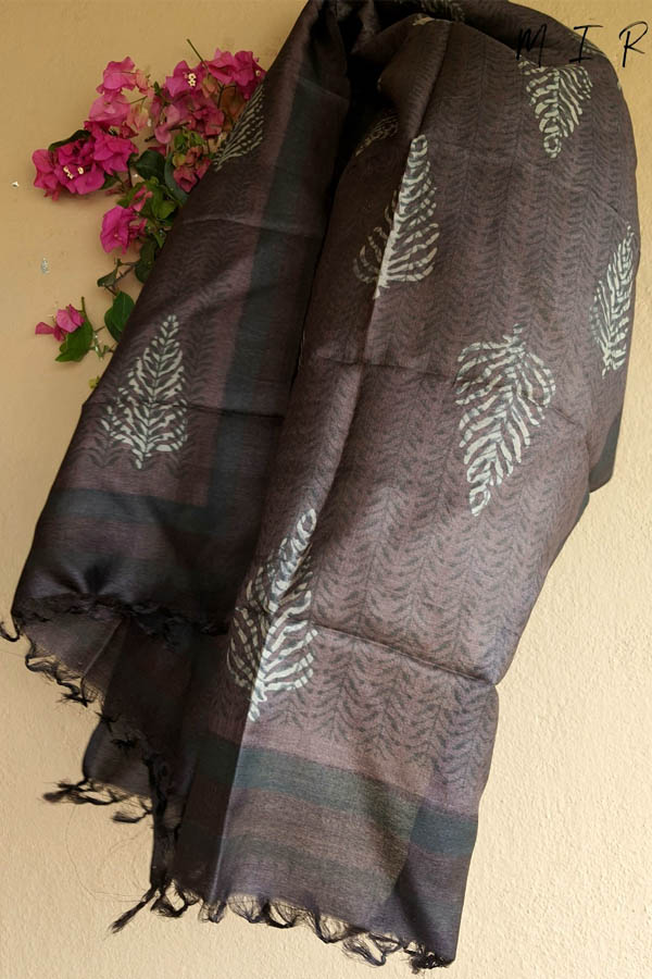 Block Printed Brown Kosa Silk Stole