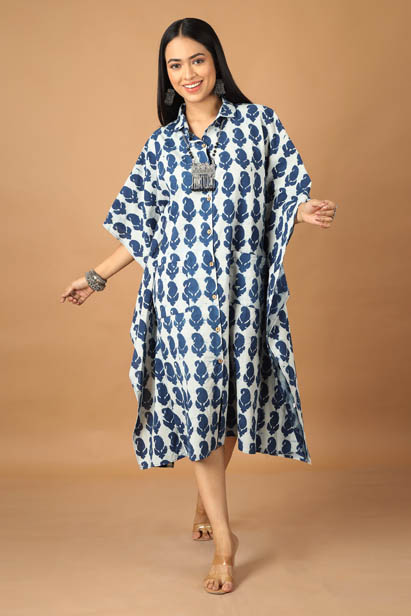 Dabu Printed Indigo Cotton Kaftan