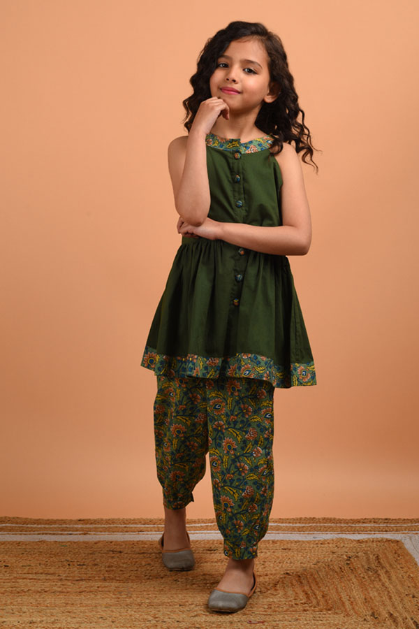 Block Printed Bottle Green Cotton Suit Set