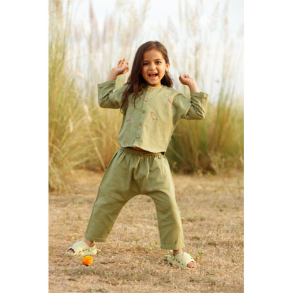 Embroidery Green Cotton Coord Set