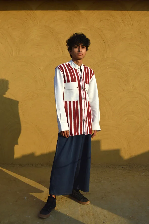 White and Maroon Handloom Cotton Shirt