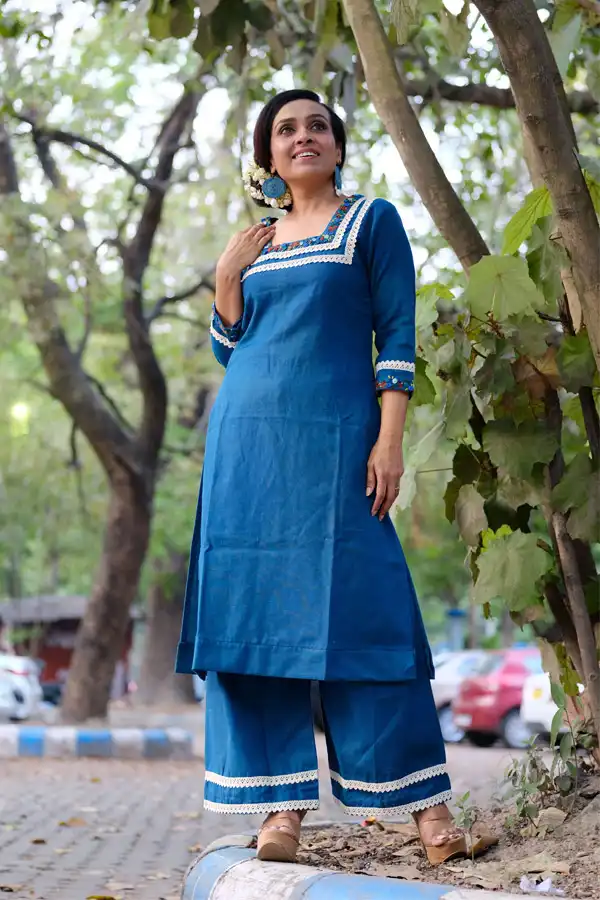Embroidery Blue Khadi Kurta Set