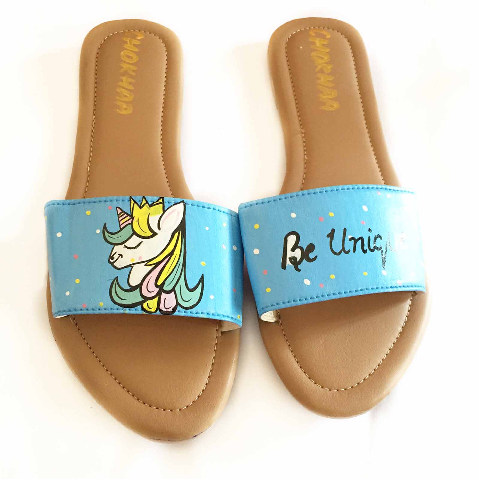 Unicorn Painted Blue Faux Leather Sliders