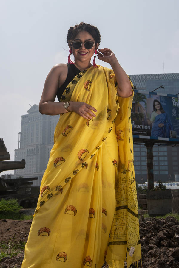 Printed Yellow Organic Cotton Saree