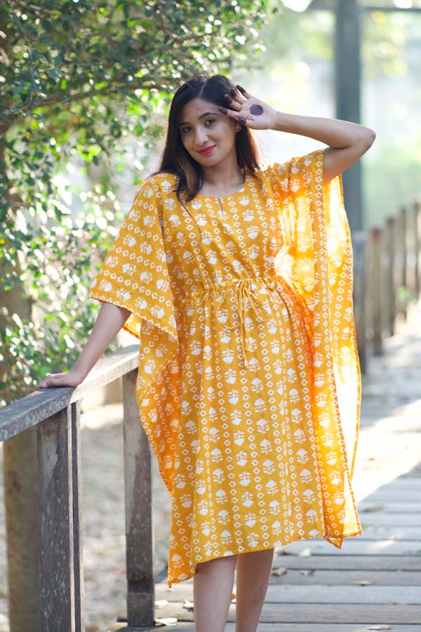 Block Printed Yellow Cotton Kaftan
