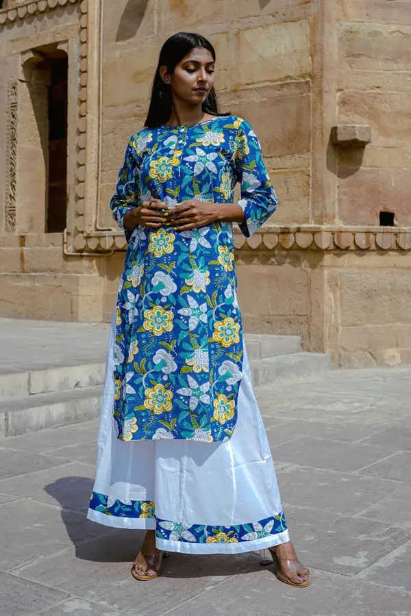 Floral Block Printed Blue Cotton Kurta Set