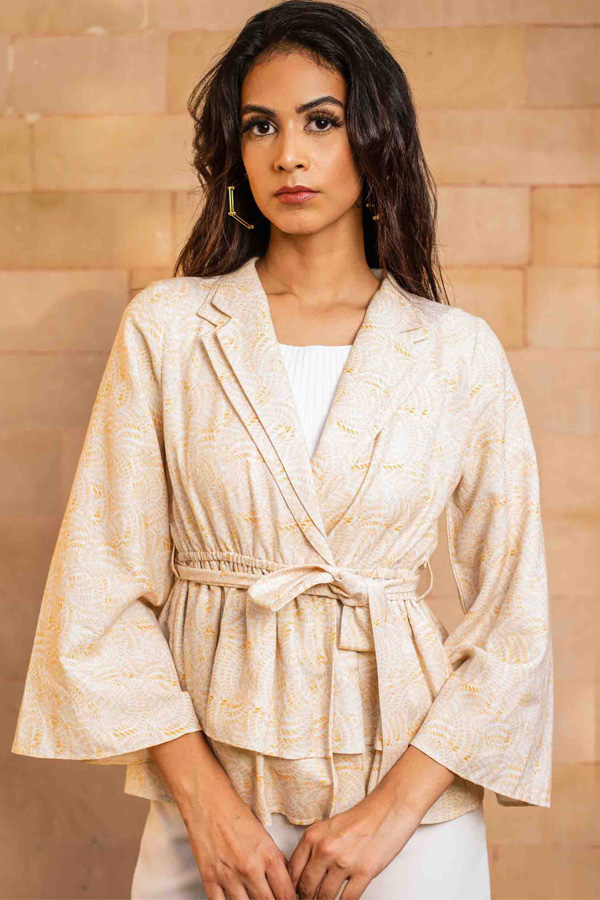 Hand Block Printed Off White Viscose Jacket