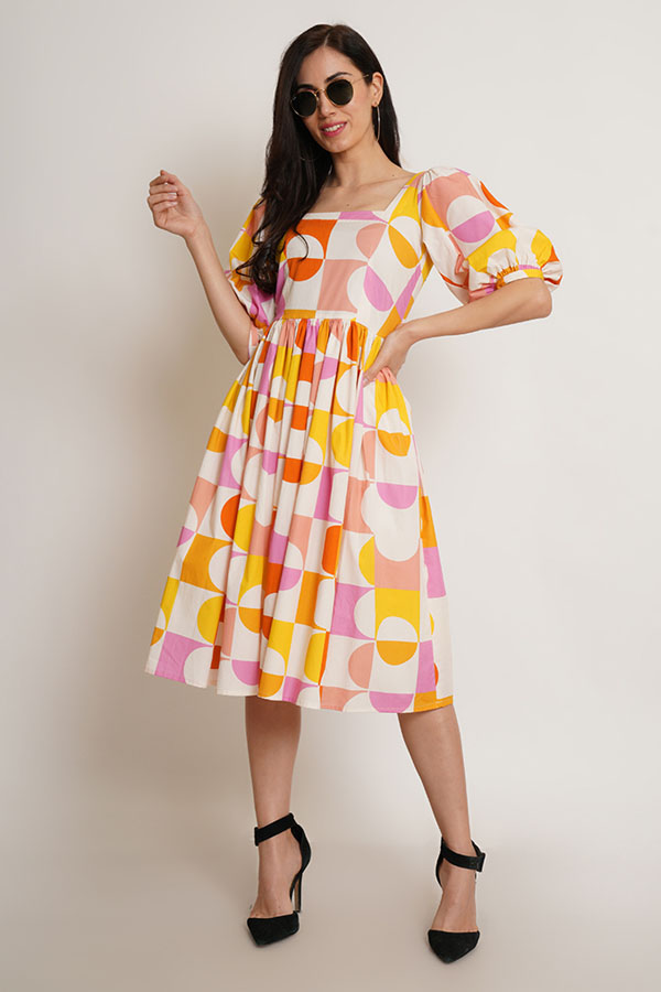 Digital Print Multicolor Cotton Poplin Dress