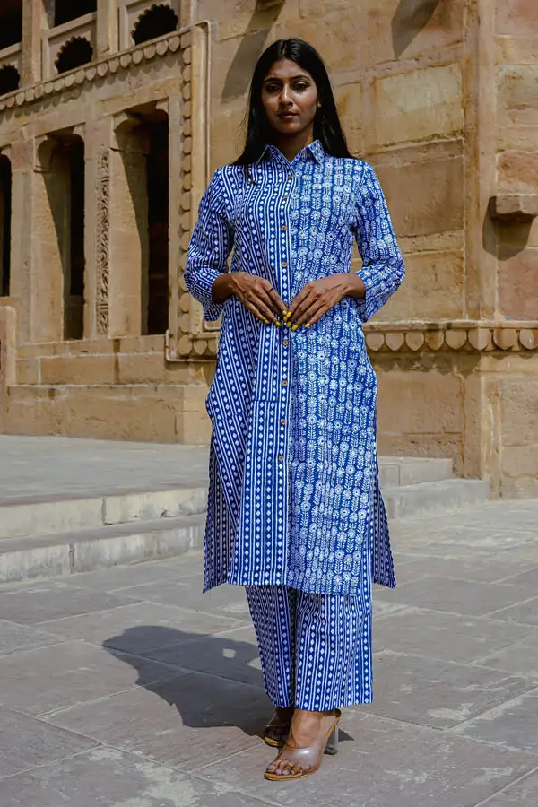 Hand Block Printed Blue Cotton Kurta 