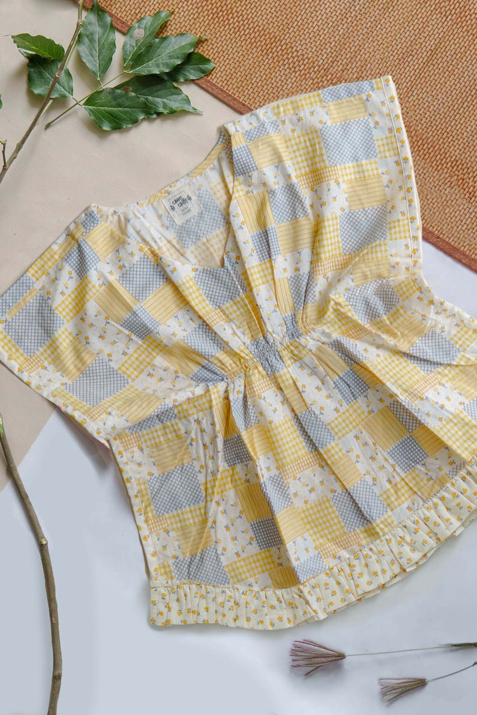 hand blocked cotton yellow kaftan dress 