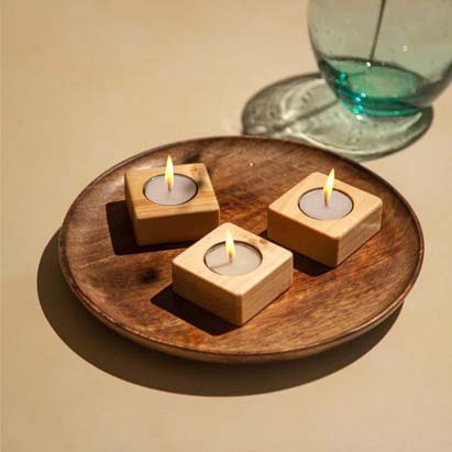 Light Brown Wooden Candle and Tea Light Holder Set of 3