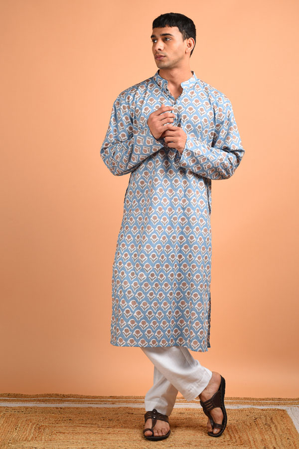 Sanganeri Printed Blue Cotton Kurta