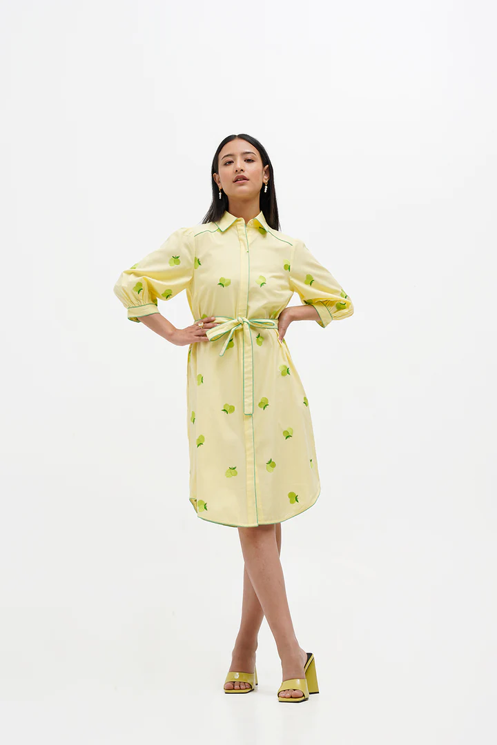 Embroidery Lime Yellow Cotton Shirt Dress
