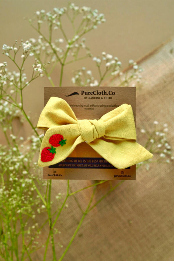 Strawberry Embroidery Yellow Cotton Bow Hair Clip