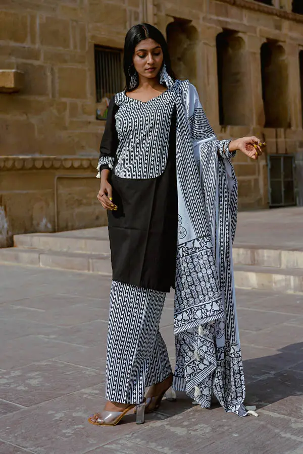 Hand Block Printed Black Cotton Kurta 