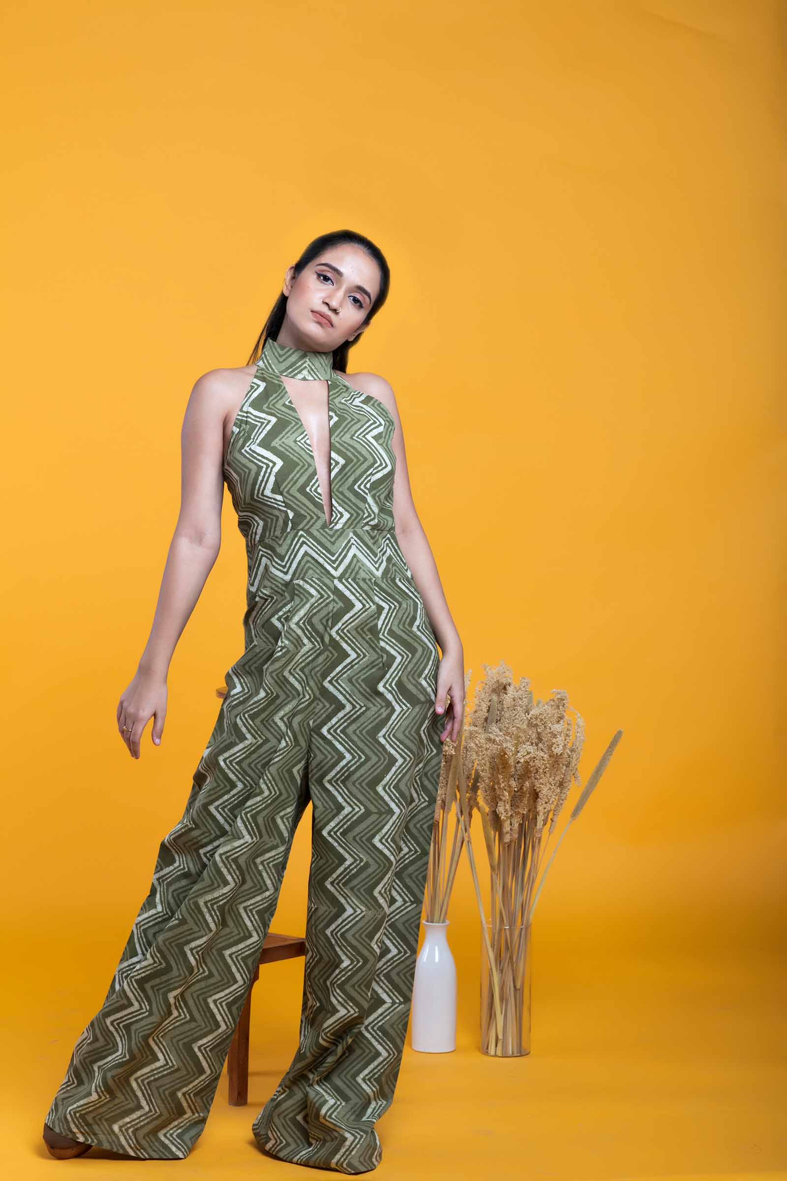 Dabu Printed Sap Green Cotton Jumpsuit