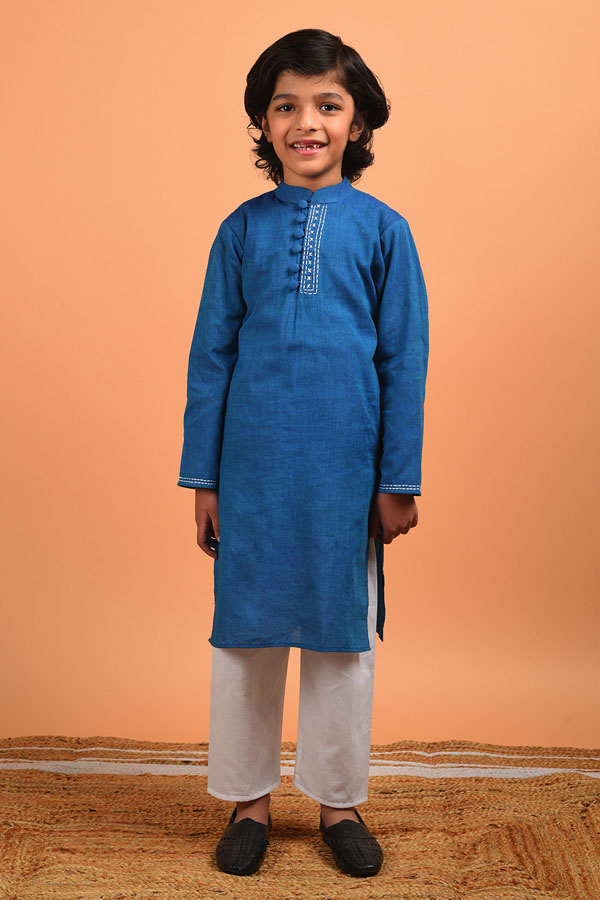 Kantha Embroidery Teal and White Cotton Kurta Set
